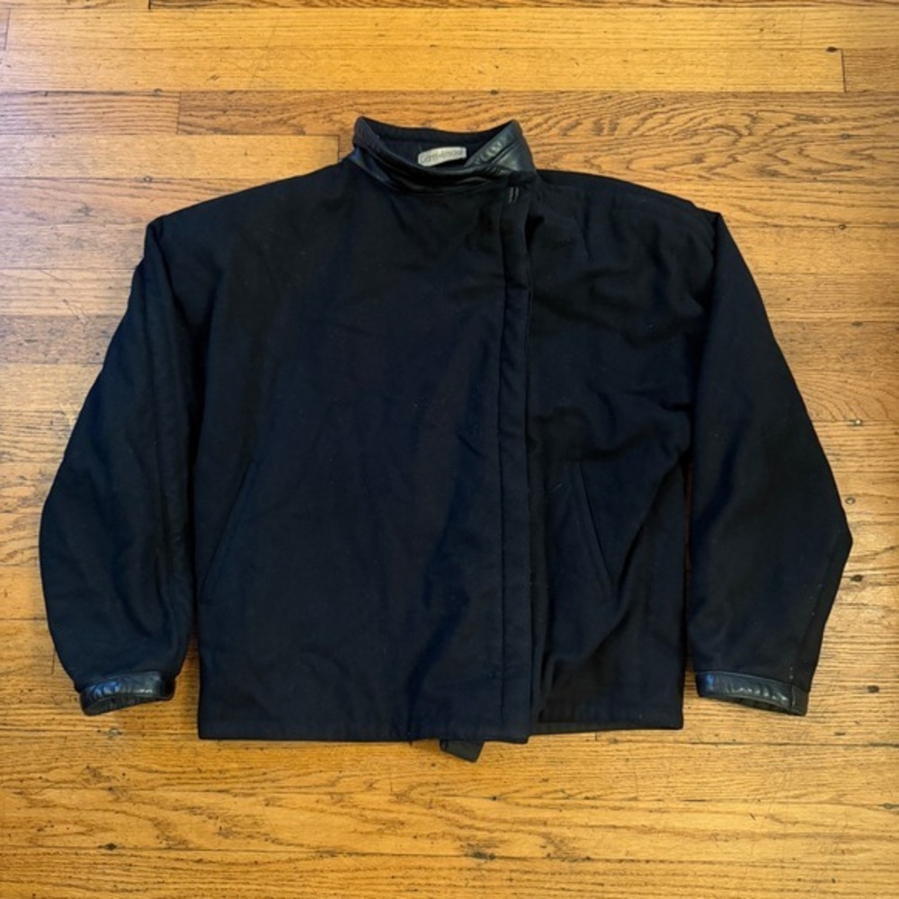 Vintage 1980s Gianni Versace Wool Leather Trim Jacket Shoulder Pads Black IT 46